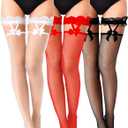 Bencailor 3 Pairs Fishnet Thigh High Stockings for Women Lace Top Hold Ups Bow Black White Red, L