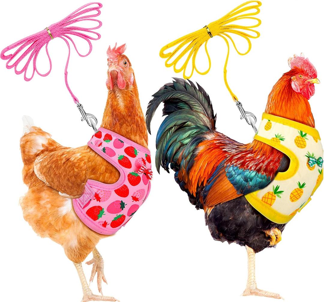 Frienda 2 Pcs Adjustable Chicken Harness and Leash Set Spring Summer Comfortable Elastic Hen Vest Breathable Harness for Hens Duck Goose Pet Training Walking Supplies(Pineapple, Strawberry,Medium)