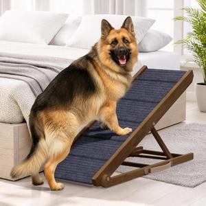 Adjustable Dog Ramp for Bed - 39" Long Foldable Wooden Ramp for Dogs to Get on Bed, Couch, or Car with 13.4" Wide Walking Space (Walnut Wood with Gray Carpet, Medium)