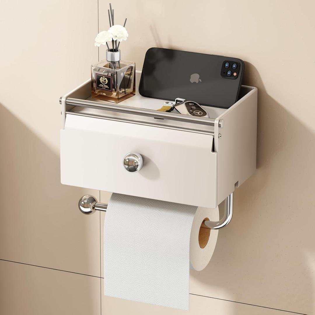 Voldra Toilet Paper Holder with Shelf, Flushable Wipes Dispenser for Bathroom, Adhesive Toilet Paper Roll Holder with Storage Wall Mount Stick On Bathroom Tissue Holder Front Flip Design (Matte White)