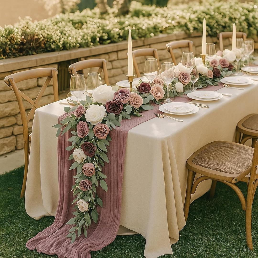 12ft Wedding Flower Garland for Table, Artificial Dusty Rose Flower Garland, Spring Extra Long Arch Floral for Backdrop Decor Ceremony Fall Wedding Party Centerpieces, Without Drapes