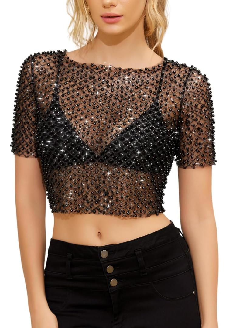 Women's Pearl Mesh Sheer Crop Top Sparkly Short Sleeve Glitter See Through Sexy Tee Shirt for Casual Party Club XL