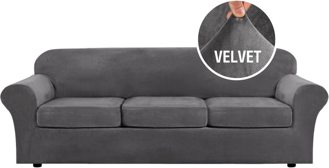 H.VERSAILTEX Velvet 4 Piece High Stretch Sofa Slipcover Cover Furniture Protector Form Fit Luxury Thick Velvet Extra Large Sofa Cover for 3 Cushion Couch Width Up to 105 Inch (XL Sofa, Gray) 