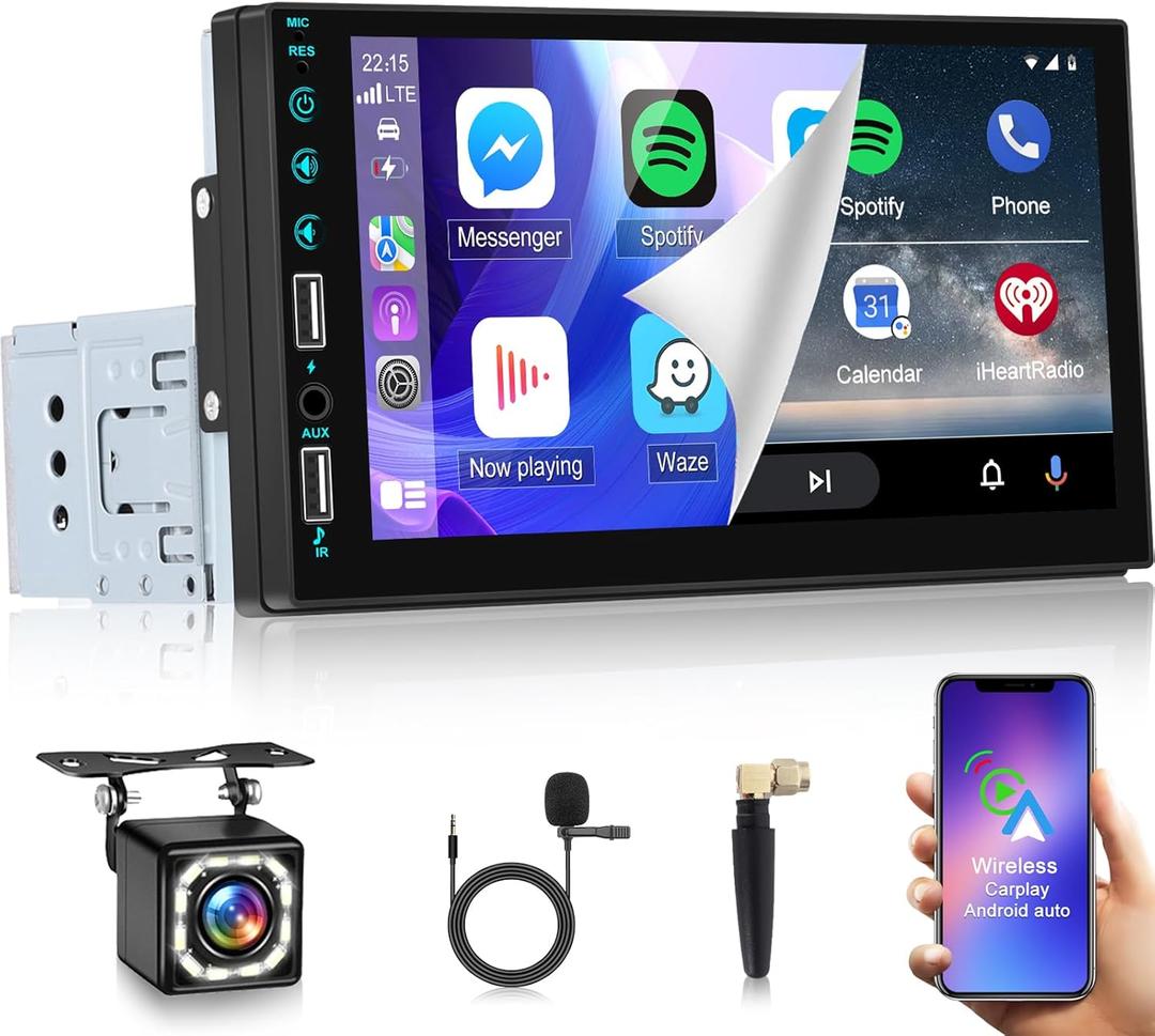 7 Inch Single Din Touchscreen Car Stereo - Wireless Carplay & Android Auto - 1 Din HD Touchscreen Car Radio - Voice Control, Bluetooth, Mirror Link, EQ, USB/AUX Port, SWC + 12LED Backup Camera