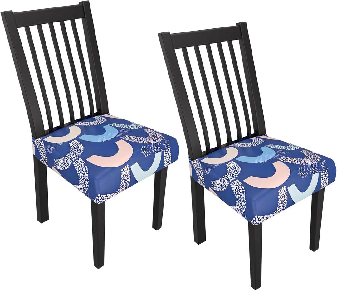 Stretch Dining Chair Seat Covers Set of 2,Dining Chair Slipcovers, Floral Printed Chair Covers,Soft Fabric Washable Upholstered Chair Seat Protector, No Rear Covers for Home Kitchen Dining Room (B-geometric Semicircles)