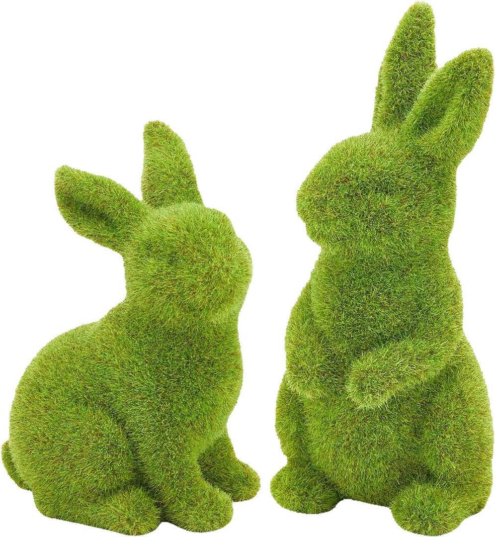 2 PCS Moss Bunny Decorative Figurines Flocked Resin Easter Bunny Decor Green Moss Bunnies for Spring Indoor Table and Bookshelf Decorations Home Rabbit Decorations(Small Moss)