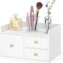 Bamboo Desk Organizer with Drawers Wooden Desktop Storage Drawers for Bills Office Supplies Kitchen Utensils Organizing Tool for Home Classroom Organization No Assembly (White, 3 Drawer)