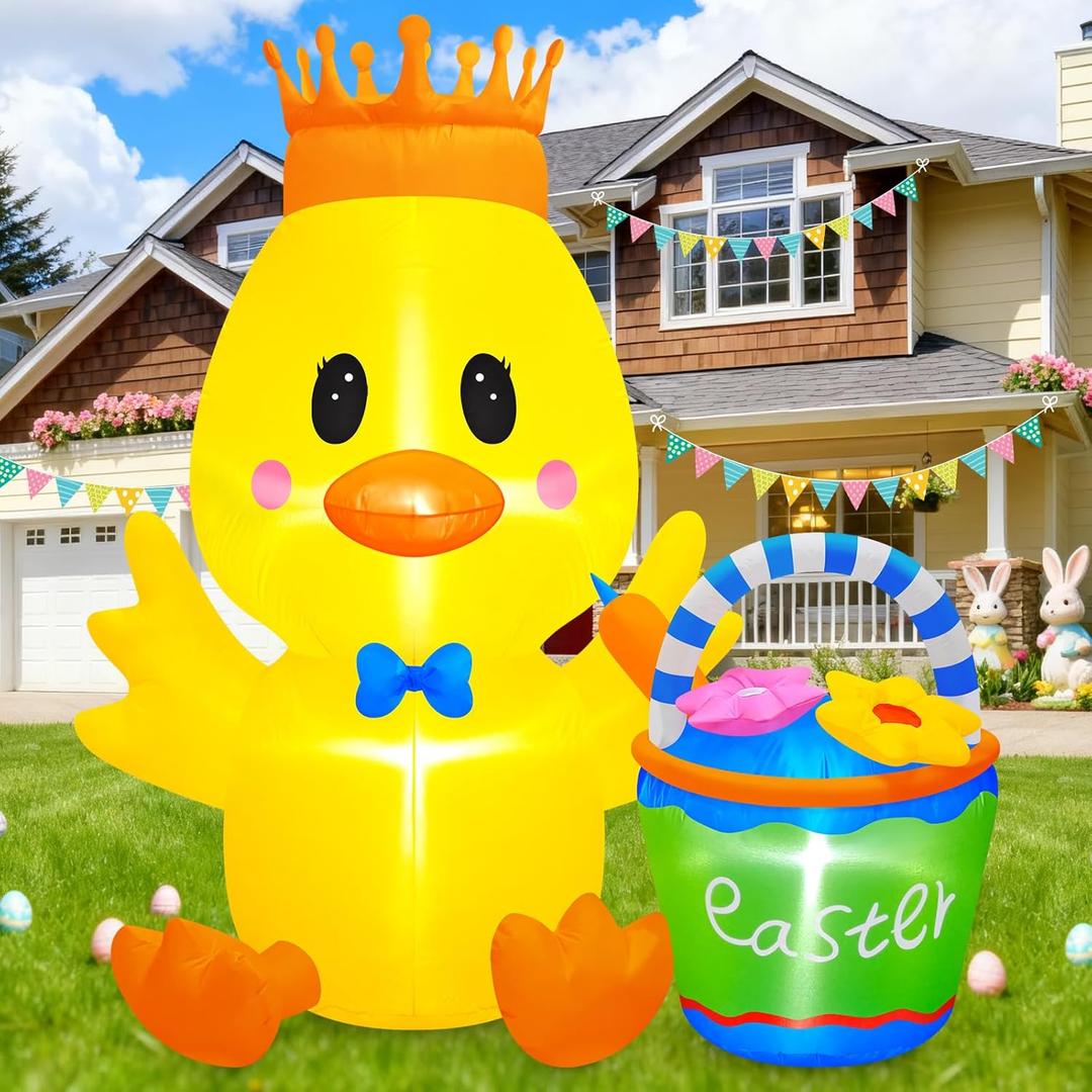 Danxilu 6 FT Easter Inflatables Chick Outdoor Decorations, Cute Spring Blow Up Chicken with Flower Basket & Crown, Built-in LED Lights & Stakes Yard Decor for Outside Indoor Party Patio Lawn Holiday