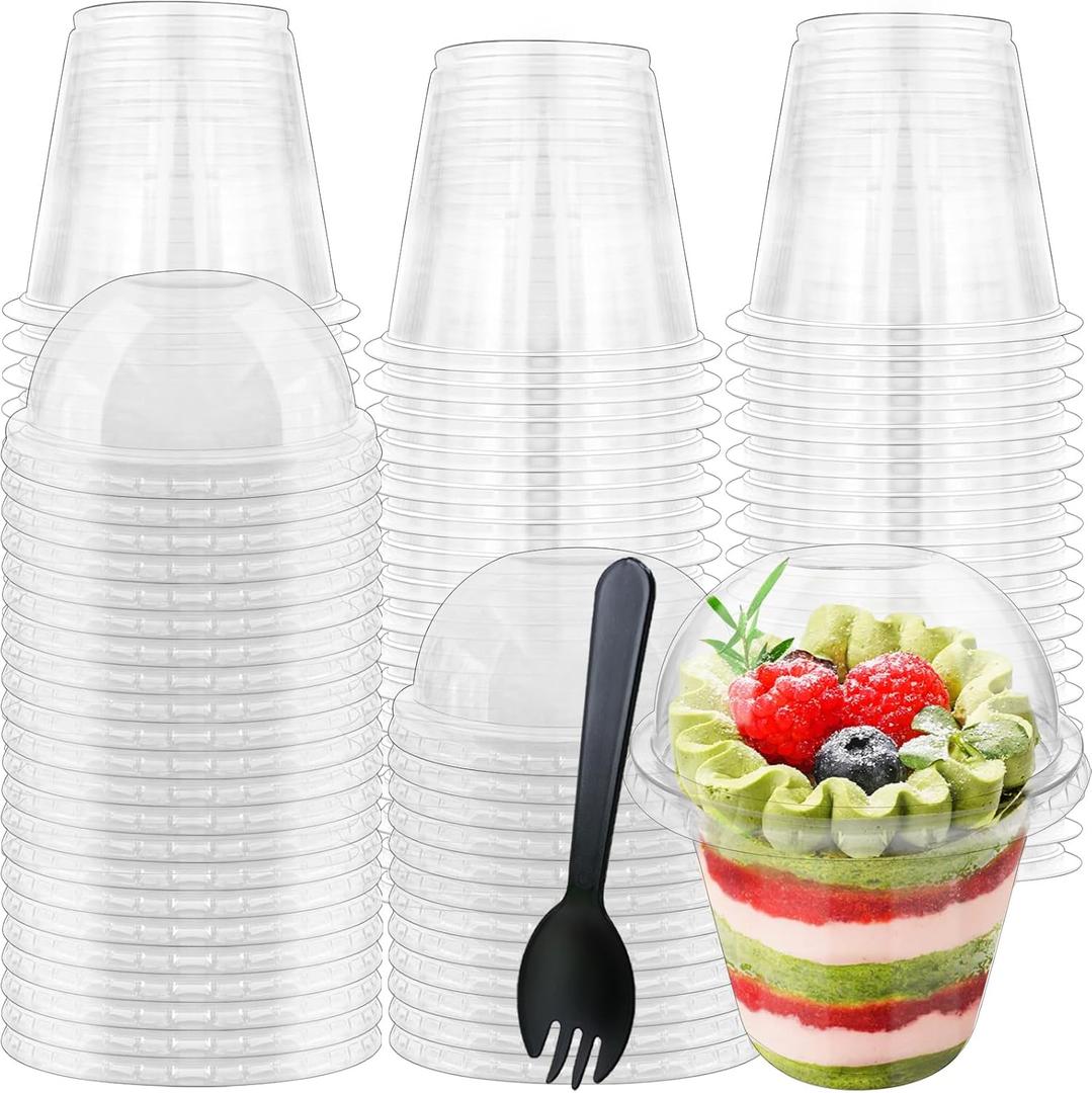 100Pcs 9oz Clear Plastic Cups with Dome Lids Spoons,Disposable Dessert Party Cup Take Out Containers for Parfait,Salad,Ice Cream,Cold Drink,Cupcake
