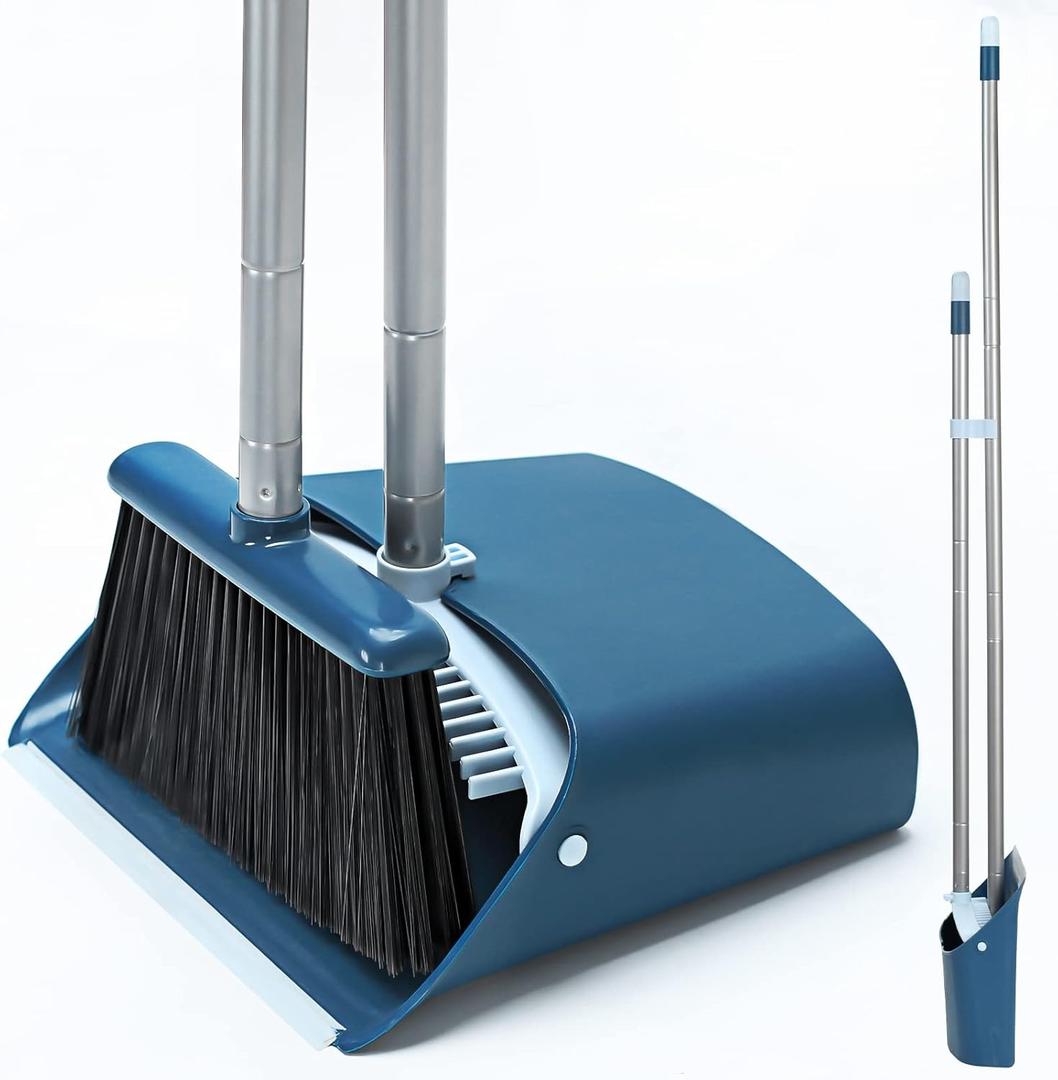 Standing Dustpan and Broom Set with 52" Long Extendable Handle for Home, Indoor, Kitchen Room Office Lobby Floor Cleaning (Navy Blue)