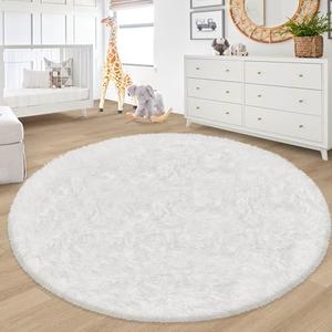 ATRUG 7 ft Round Fluffy Large White Rug for Bedroom,Tie Dyed Furry Round Carpet Non Slip Fuzzy Shaggy Plush Circle Area Rug for Living Room Room Nursery Room Playroom Kids Room Home Decor Washable