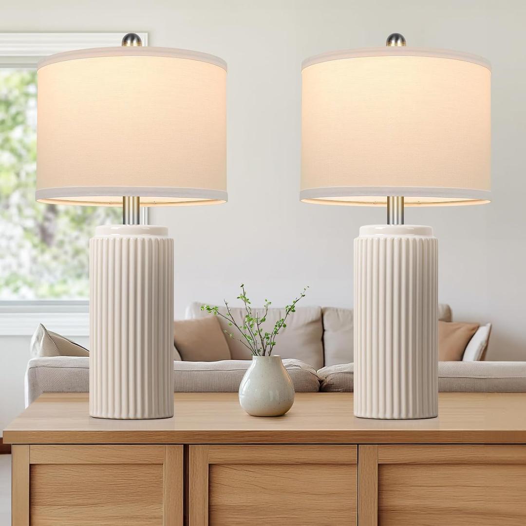 TOBUSA 23.5 Modern Ceramic Table Lamps Set of 2 for Living Room, Farmhouse Vintage Bedside Table Lamps with White Linen Shade, Rustic Bedroom Ceramic Lamps for Nightstand Home Office End Table Dorm (Cream)