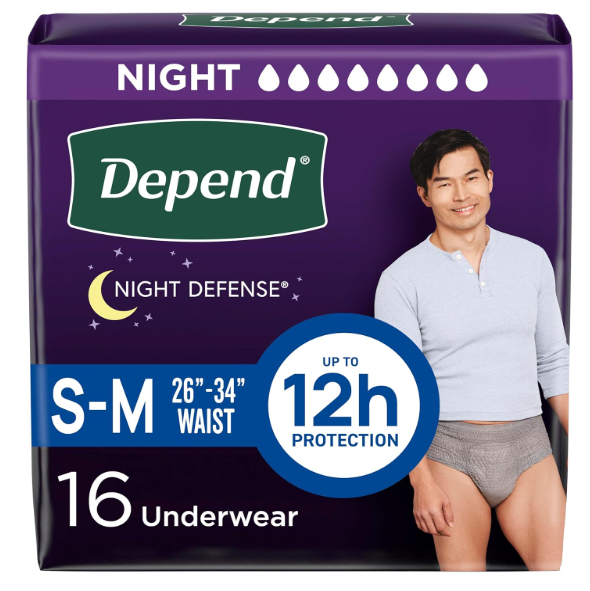 Depend Night Defense Adult Diapers, Incontinence Underwear for Men, Disposable, Overnight, Small/Medium, Grey, 16 Count