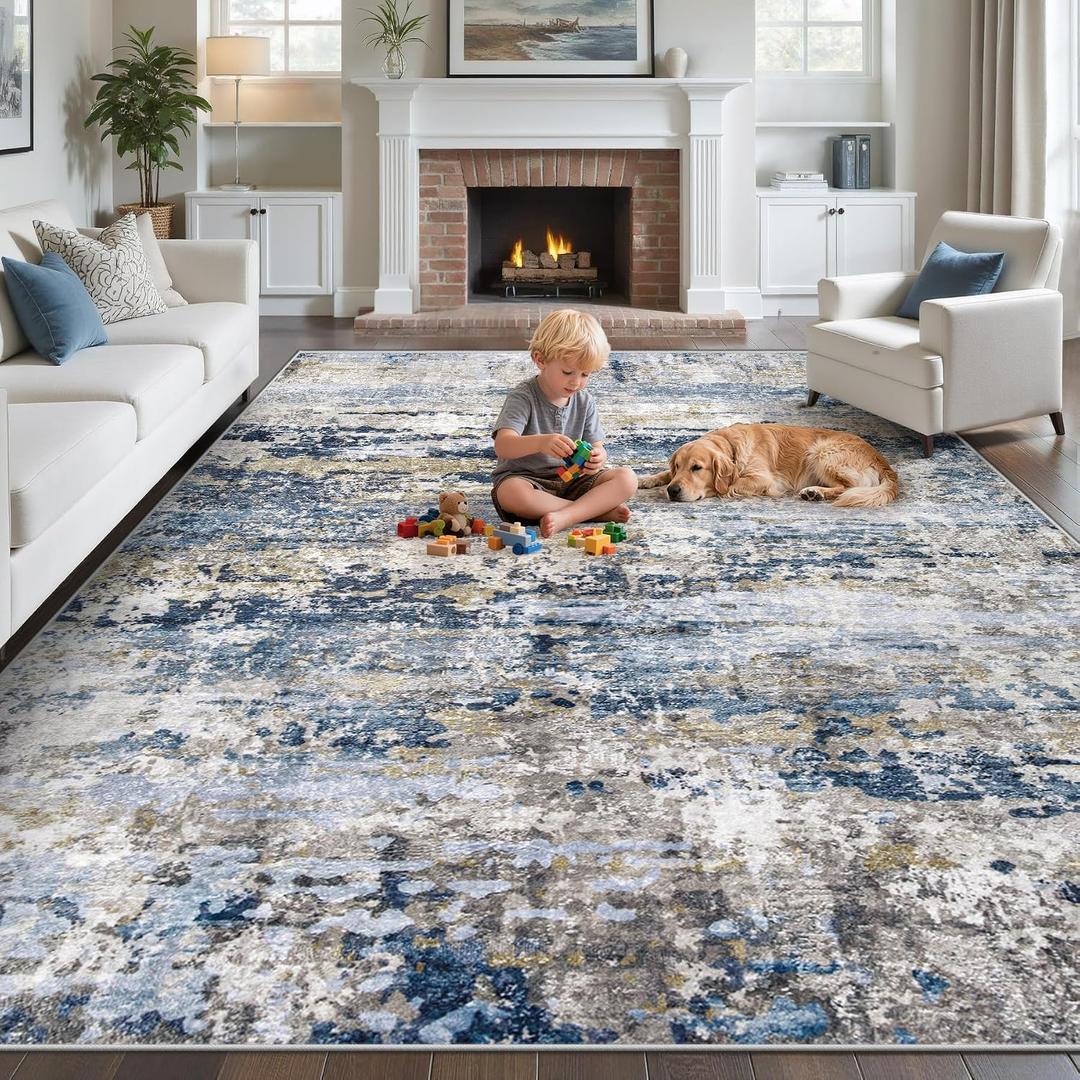 pmtsns Area Rugs 10x14 Living Room: Washable Rug Modern Abstract Neutral Soft Non-Slip Low-Pile Indoor Large Carpet for Bedroom Dining Room Playroom Home Office (Blue Grey Brown, 10'x14')