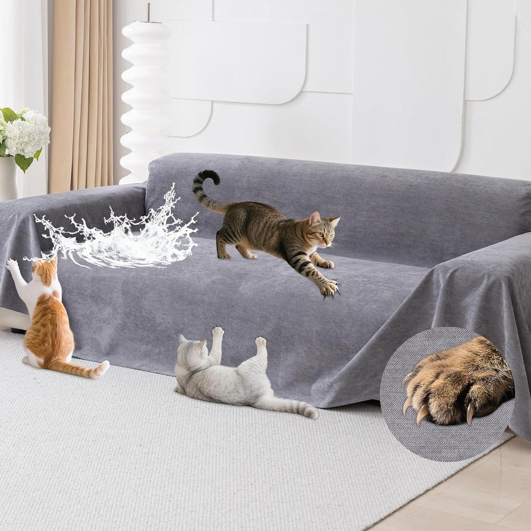 Loiion Cat Scratch Furniture Protector - Anti-Slip, Waterproof Sofa Cover to Keep Cats Off, Pet-Friendly Couch Protectors for 3 Cushion Couch, Gray Anti-Scratch Couch Cover for Pets and Kids 134"X71" (Grey)