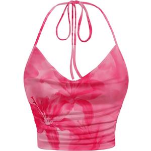 SHENHE Women's Y2k Floral Halter Crop Top Backless Slim Fit Vintage Aesthetic Going Out Tank (Medium, Multicolor Pink)