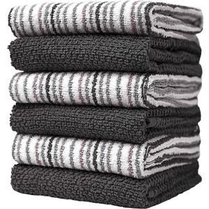Premium Kitchen Towels (16x 26, 6 Pack)  Large Cotton Kitchen Hand Towels Popcorn Stripe Design  400 GSM Highly Absorbent Tea Towels Set with Hanging Loop (Grey) (Kitchen Towel Set)