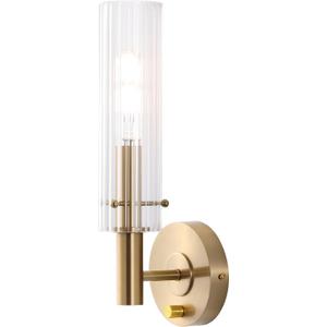 BYOLIIMA Modern Wall Sconces with Dimmer ON/Off Switch Gold Brushed Brass Bathroom Vanity Light Fixtures Striped Clear Glass Shades Indoor Wall Light for Mirror Living Room Bedroom Hallway Staircase