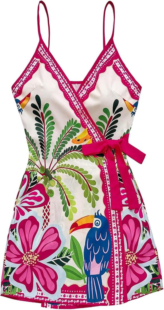 SOLY HUX Women's Tropical Print Mini Dress Summer Wrap V Neck Bow Tie Vacation Dresses XS