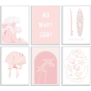 6pcs Pink Coastal Beach Preppy Wall Art Surfer Girl Bow Shells Aesthetic Painting Picture Wall Decor No Wake Zone Poster Print Artwork for Bedroom Bathroom Living Room Preppy Dorm Home Decoration (10L"x8W")