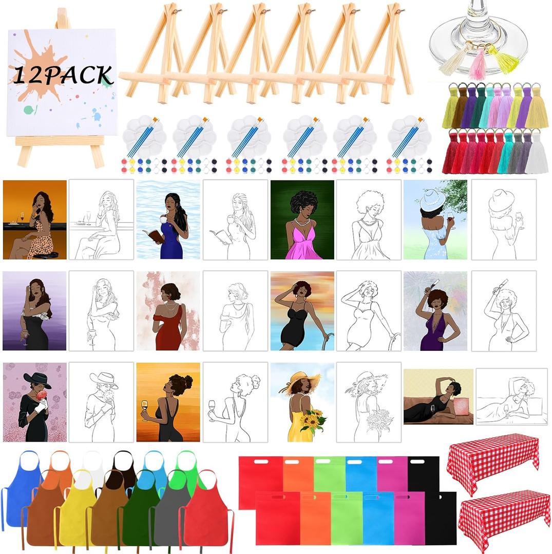 intonly 12Sets Sip and Paint Kit for Adults Girls Night, Pre Drawn Canvas to Paint for Adults, Pre Stretch Painting Kits for Adults (Whole Set)