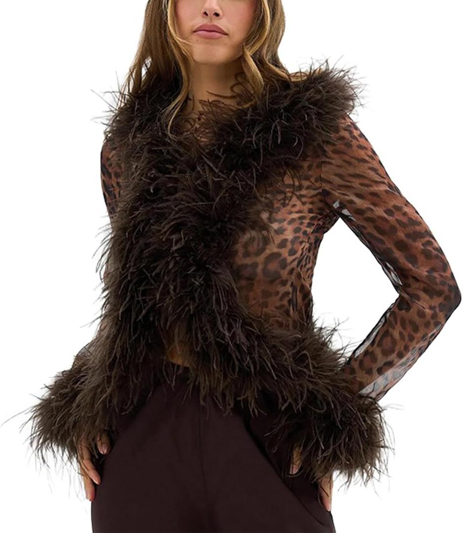 Mandonce Mesh Long Sleeve Tops Faux Fur Fuzzy Top Open Front Sexy Party Tops Going Out Y2k Shirts for Women (Small, Leopard)
