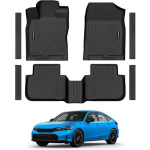 Floor Mats for Honda Civic 2022-2026 Gas Sedan(2nd Row w/o USB Port) & 2026 Sedan Hatchback Si Hybrid TPE Floor Liners Fit for Civic 1st & 2nd Row & Door Sill Guards Anti-Slip Full Set Car Mats