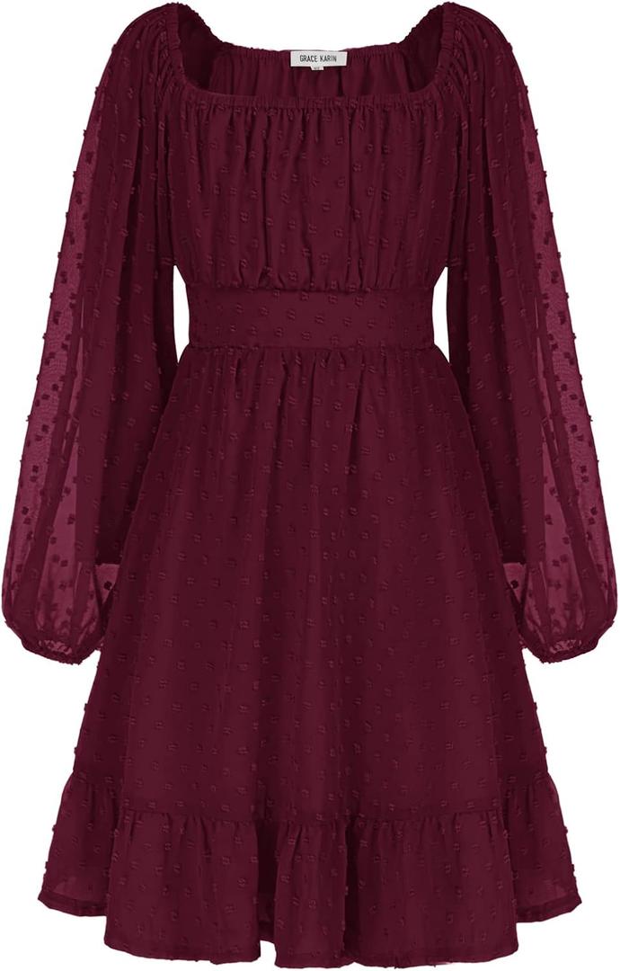 GRACE KARIN Girls Ruffle Tiered Dress Long Sleeve Swiss Dot Flowy A-Line Dress 6-14Y (Wine)
