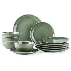 AmorArc Ceramic Dinnerware Sets for 4, 11 Pieces Handpainted Plates and Bowls Set, Scratch Resistant Stoneware Dishes Set, Dishwasher & Microwave Safe, Jade Green