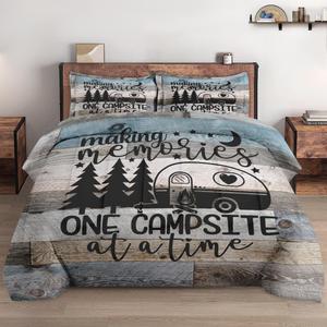 Queen Size Comforter Set with 2 Pillowcases, Inspirational Vintage Winter Retro Camp Soft 3 Pcs Bedding Set for Kids and Adults Bedroom Bed Decor