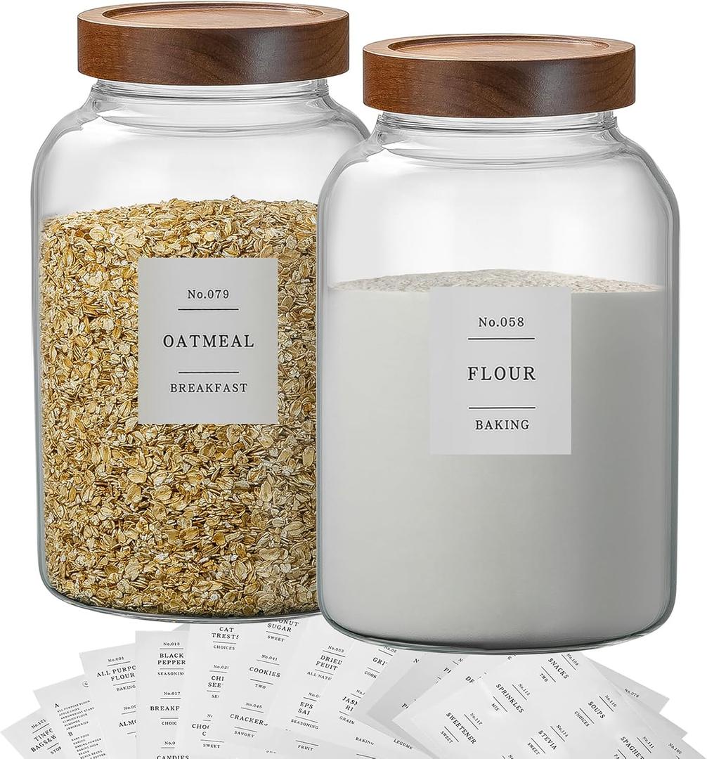 2 PCS Large Glass Jar with Airtight Lid, 1 Gallon Glass Jar with lid for Tea,Spice,Cereal, Egg,Flour,Coffee and More,Canning Jars with Leak-proof Lid for Kitchen(with 132 Pantry Labels)