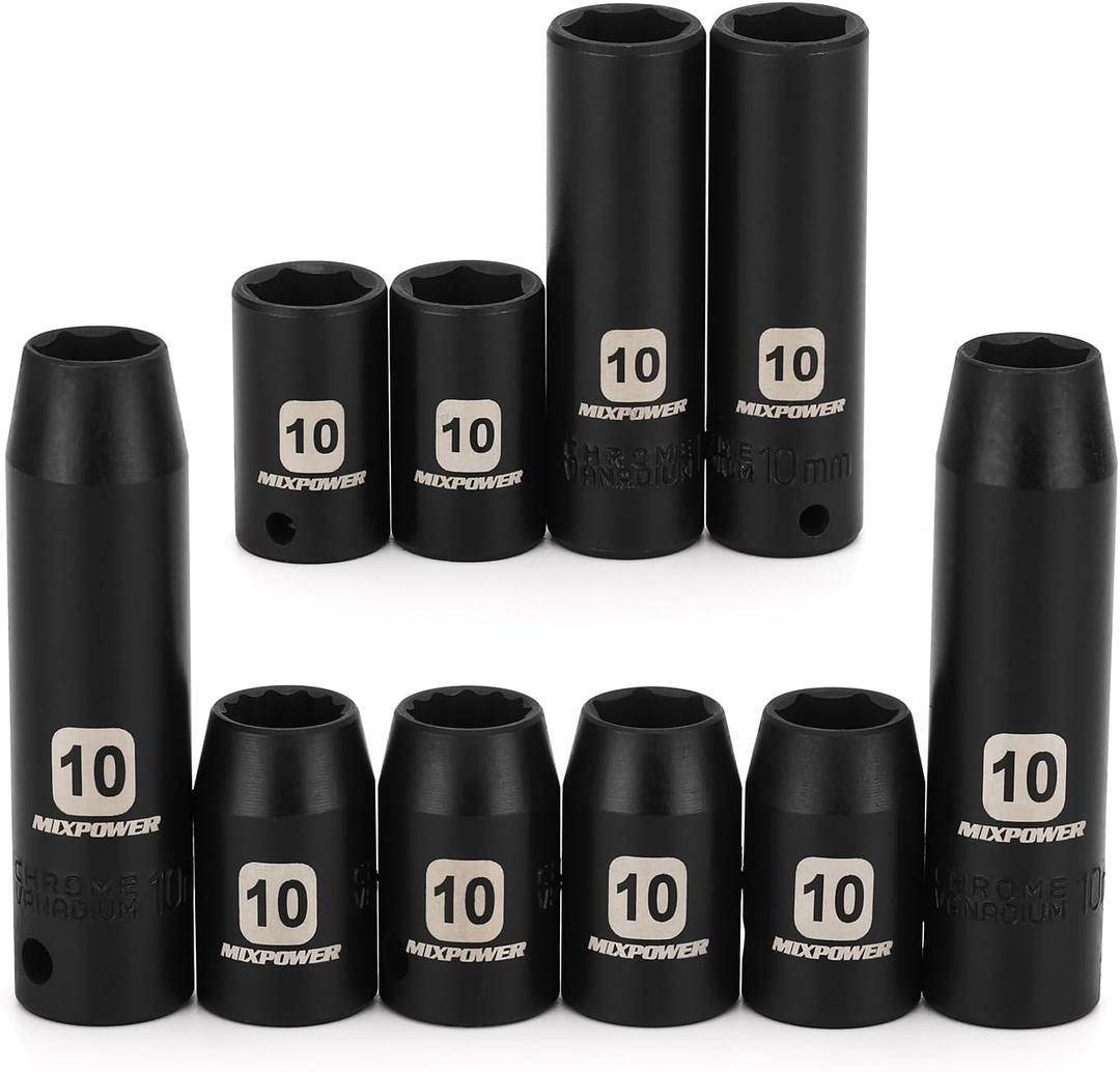 MIXPOWER 10PCS 1/4" & 3/8" Drive 10mm Deep&Shallow Socket, 6 Point & 12 Point, CR-V, Metric, Black Phosphate Finish