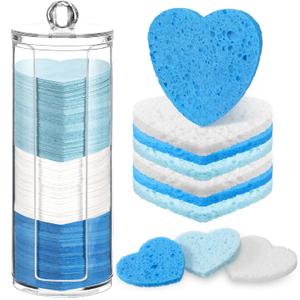 Sieral 120 Pcs Compressed Facial Sponges for Women with Container Disposable Face Sponge Pads for Washing Face Cleansing Exfoliating Esthetician Makeup Removal(Heart,Blue, Light Blue, White)