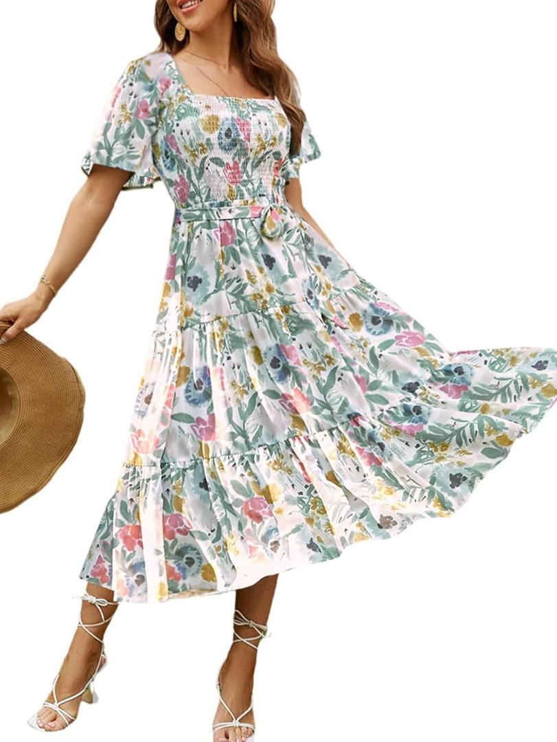 Amegoya Women's Boho Flowy Long Sleeve Square Neck Floral Midi Dress Smocked Spring Fall Wedding Guest Dresses (Medium)