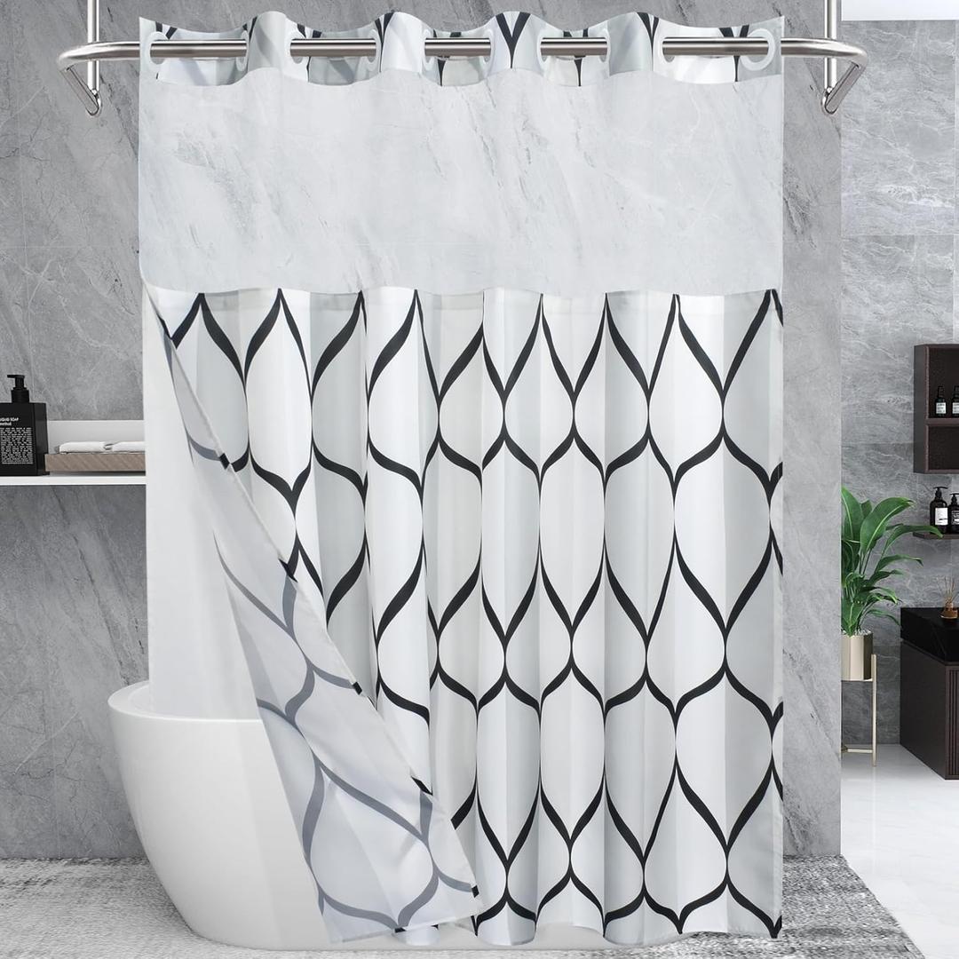 No Hook Needed White Shower Curtain with Snap in Fabric Liner Set - Hotel Style with See Through Mesh Top Window, Modern Geometric Waterdrop Design,Water-Repellent & Washable, 71x74 INCH