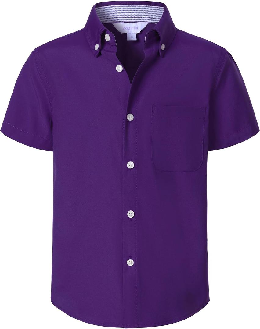 Boys Oxford Button Down Shirt Short Sleeve Formal Uniform Dress Shirts with Pocket (Purple)
