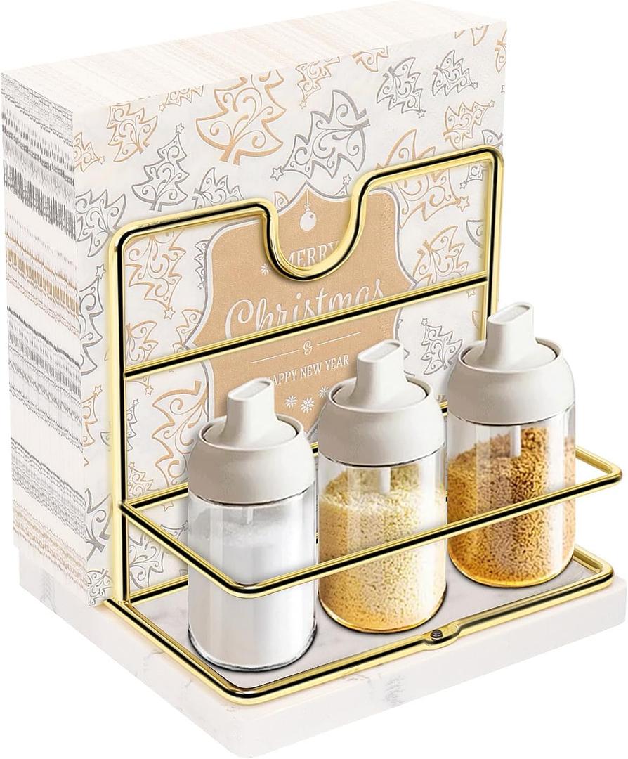 Livabber Napkin Holder, Metal Napkin Storage with Salt and Pepper Shakers Caddy Modern Napkin Dispenser for Table Kitchen Countertop, Not Including Salt and Pepper Shakers (Middle Marble, Gold)