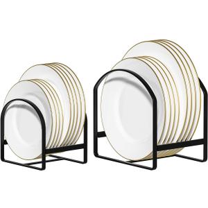 LINFIDITE 2 Pack Kitchen Plate Holder Organizer for Cabinet Space Saver Dinner Plate Storage Rack Upright Dish Drying Racks Metal Dish Stand for Cupboard Countertop Rustproof Black (1 Large 1 Small)