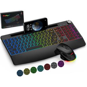 BlueFinger Wireless Keyboard and Mouse Combo Backlit, 2.4G Rechargeable Ergonomic Gaming Keyboard with Wrist Rest, Phone Holder, Volume Knob, Silent Light Up Keyboard with Mouse for Computer Laptop
