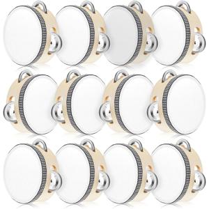 12 Pcs Tambourine Drum Bulk for Adults Hand Held Percussion Gift Operation Christmas Bulk Items Wood Metal Jingles Musical Educational Drum Instrument for Church Wedding Party Games(White) (4 Inch)