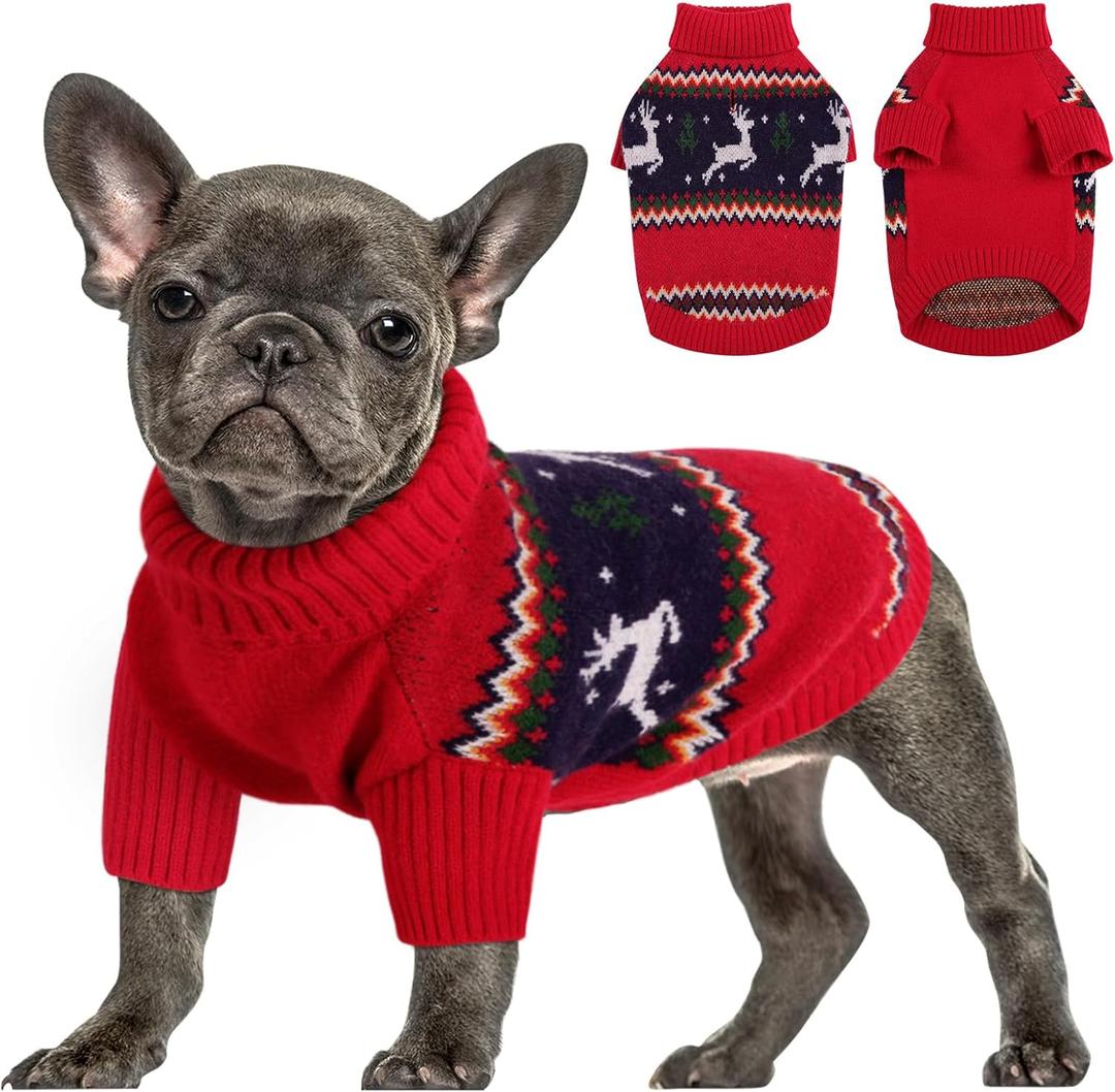 Queenmore Christmas Dog Sweater - Knitted Pullover Turtleneck Outfit, Warm Clothes for Small Dogs Boys or Girls L