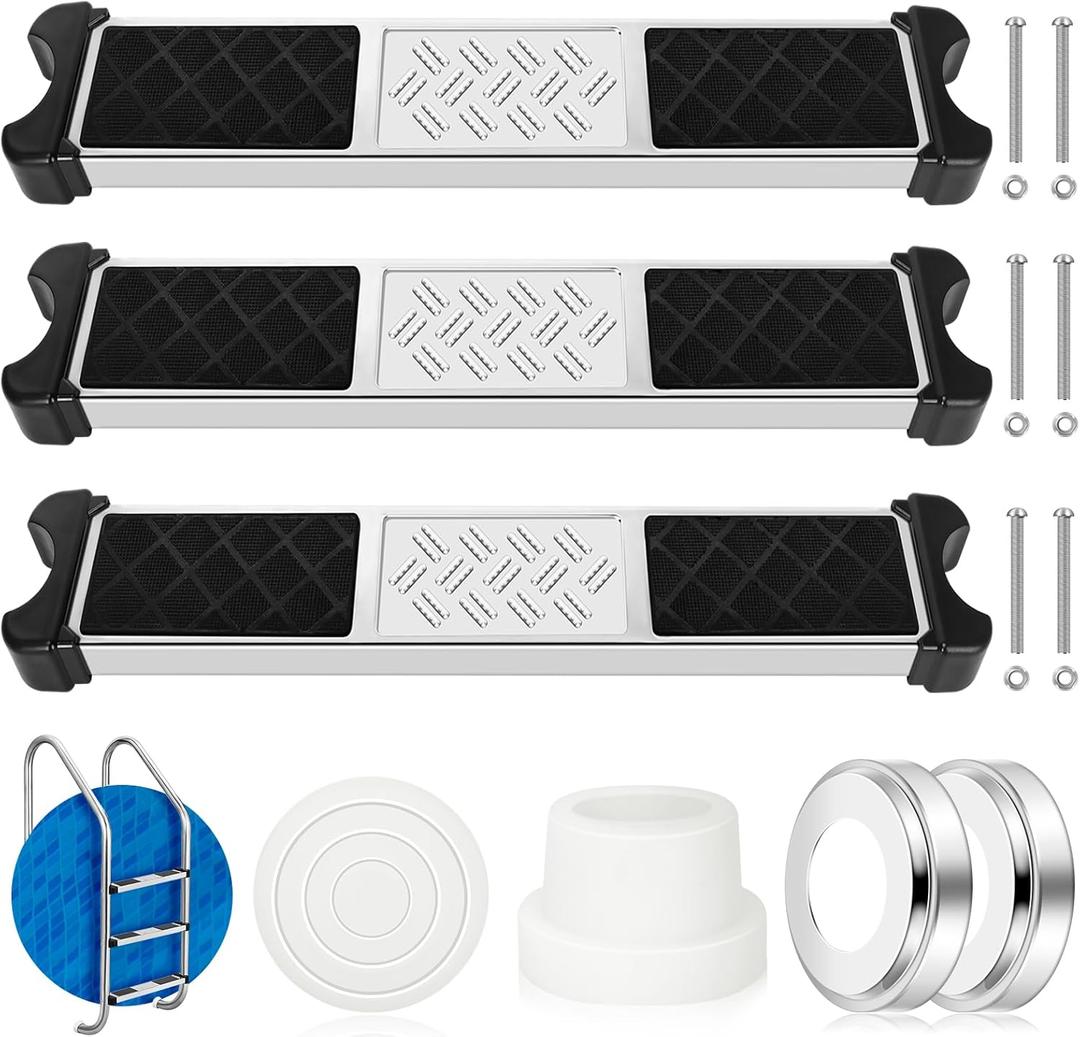 3Pcs Stainless Steel Pool Ladder Steps Replacement with Pool Ladder Escutcheon & Pool Ladder Bumpers 1.9 Inch Non Slip Swimming Pool Ladder Rung Step with Bolts for Inground and Above Ground Pools