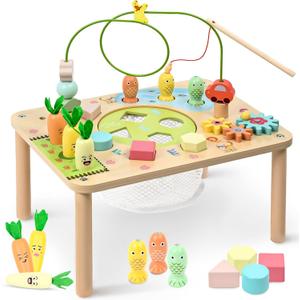 wingyz Activity Table, 6 in 1 Wooden Montessori Activity Center with Bead Maze Shape Sorter Fishing Game, Kids Sensory Play Table Toddler Toys 1st Birthday Gifts Boy Girl(Morandi-Square)