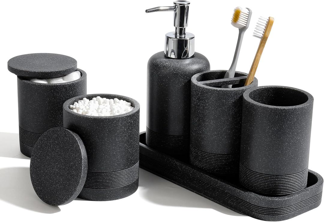 Bathroom Accessories Set, 6Piece Bathroom Accessory Set, Toothbrush Holders Set, Soap Dispenser, Vanity Tray, Tumbler, Cotton Swab Jars, Bathroom Organizer for Modern Bathrooms(Matte Black)