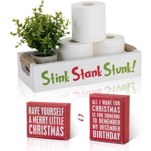 Double-Sided Christmas Funny Bathroom Decor with Double-Sided Sign, Stink Stank Stunk Box, Toilet Paper Storage Basket, White Wood Tank Tray Organizer with Handles for Christmas Decorative