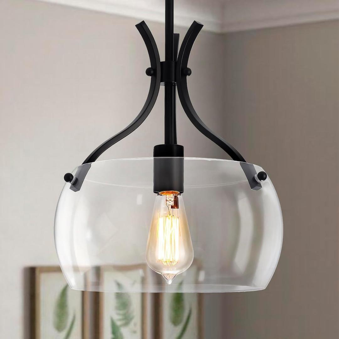 Glass Pendant Light Kitchen Island, 11.8" Industrial Hanging Light Fixture, Black Pendant Lighting with Glass Shade for Dining Room Kitchen Sink Hallway Entryway