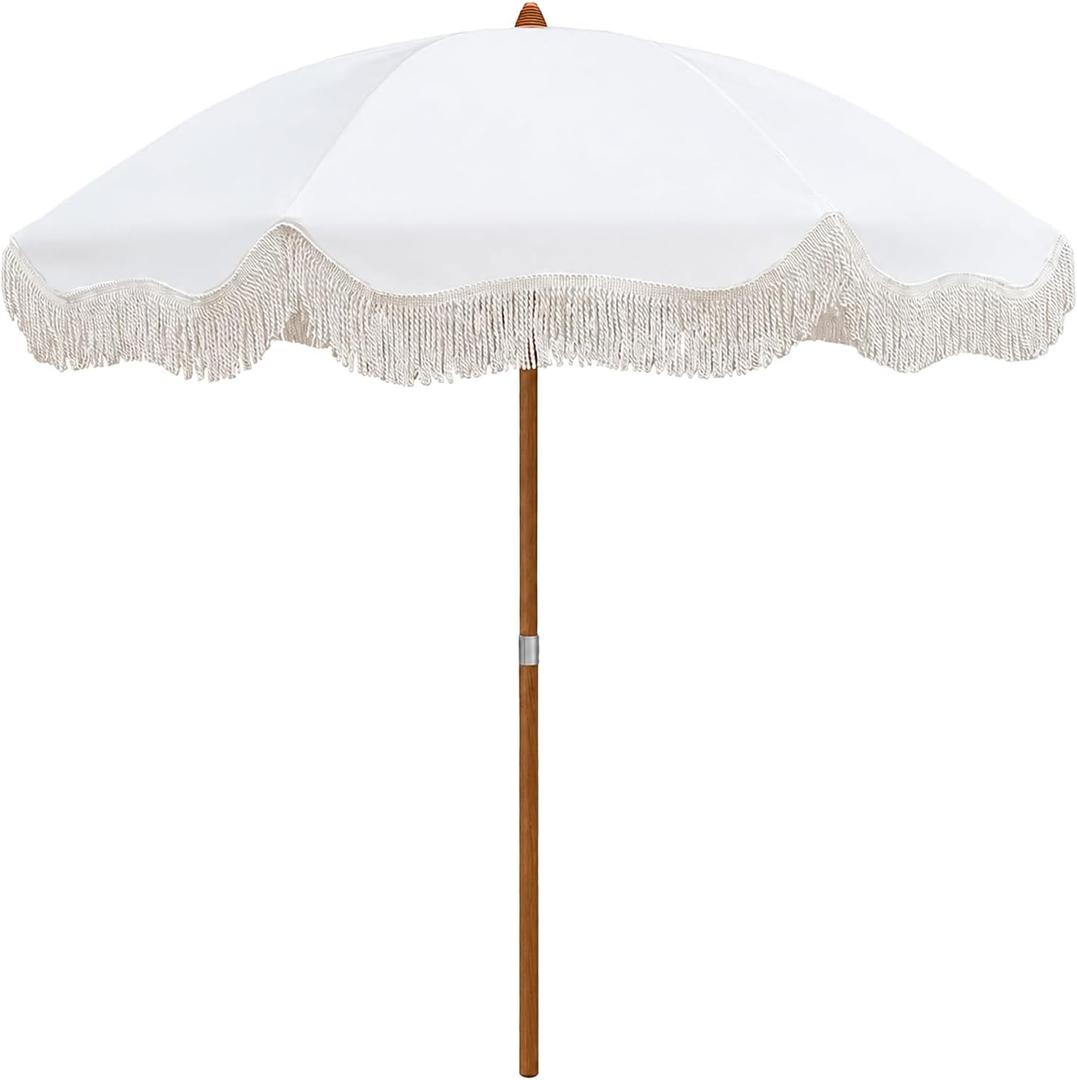 AMMSUN Upgraded Boho Fringe Umbrella, 6.5ft Canvas Umbrella