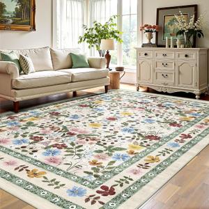 Deerly Boho Floral Rug 6x9 Vintage Colorful Washable Non-Slip Living Room Carpet Soft Low Pile Thin Bedroom Floor Mat Indoor for Dining Room Playroom Nursery Farmhouse, Beige/Green/Multi