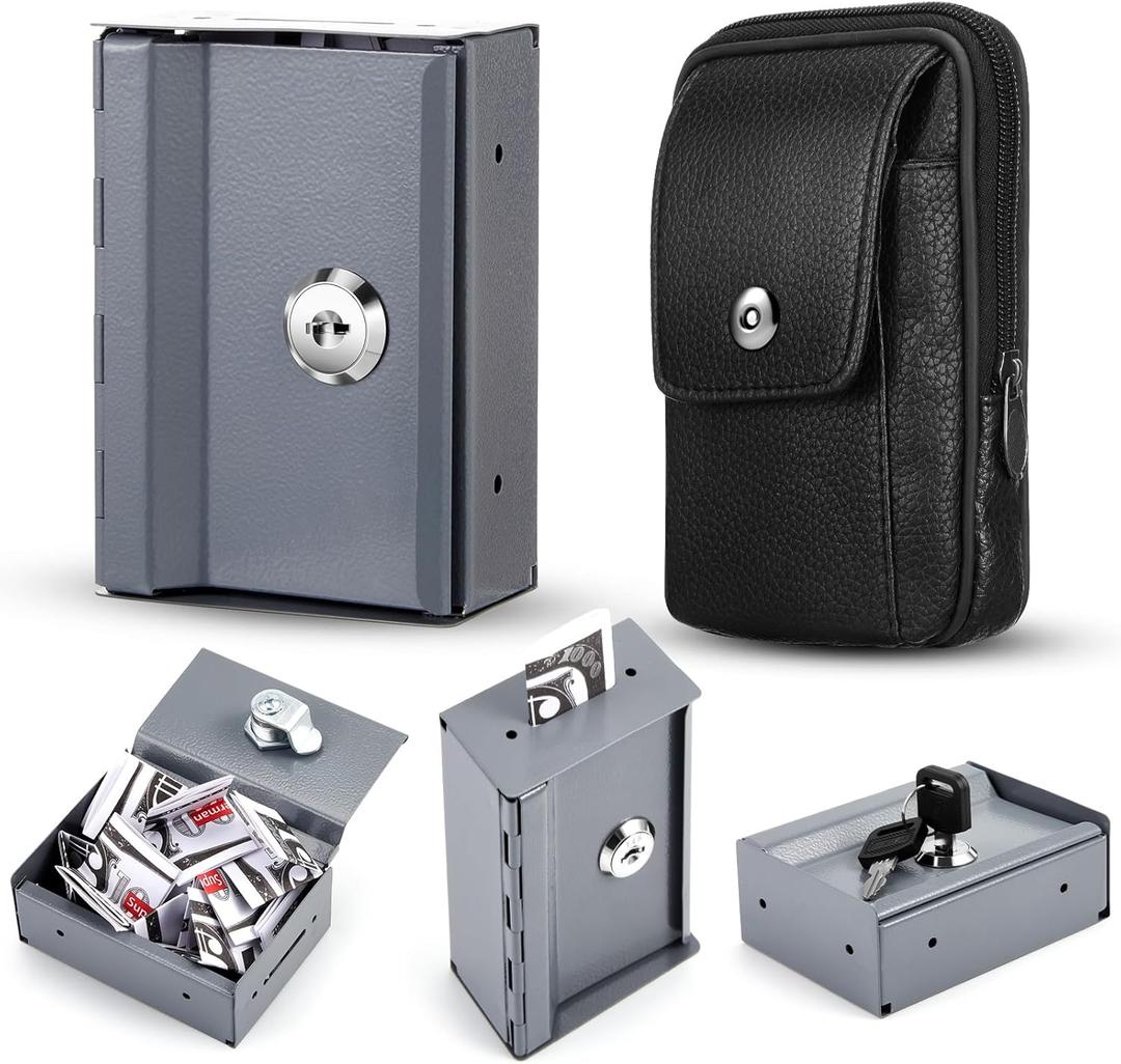 Zhengmy 2 Pcs Portable Lock Metal Pocket with Waist Bag for Winners Bank Casino Large Capacity Wallet Box Cash Lock Pocket with Key Gifts Stops The Addictive