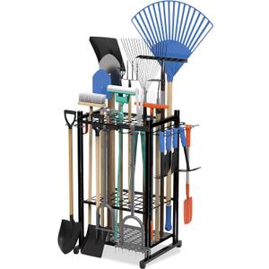 Garden Tool Organizer with Storage Hooks, Yard Tool Tower Rack for Garage Organization and Storage, Up to 50 Tools, Heavy Duty Steel Garden Tool Stand for Garage, Outdoor, Home, Black